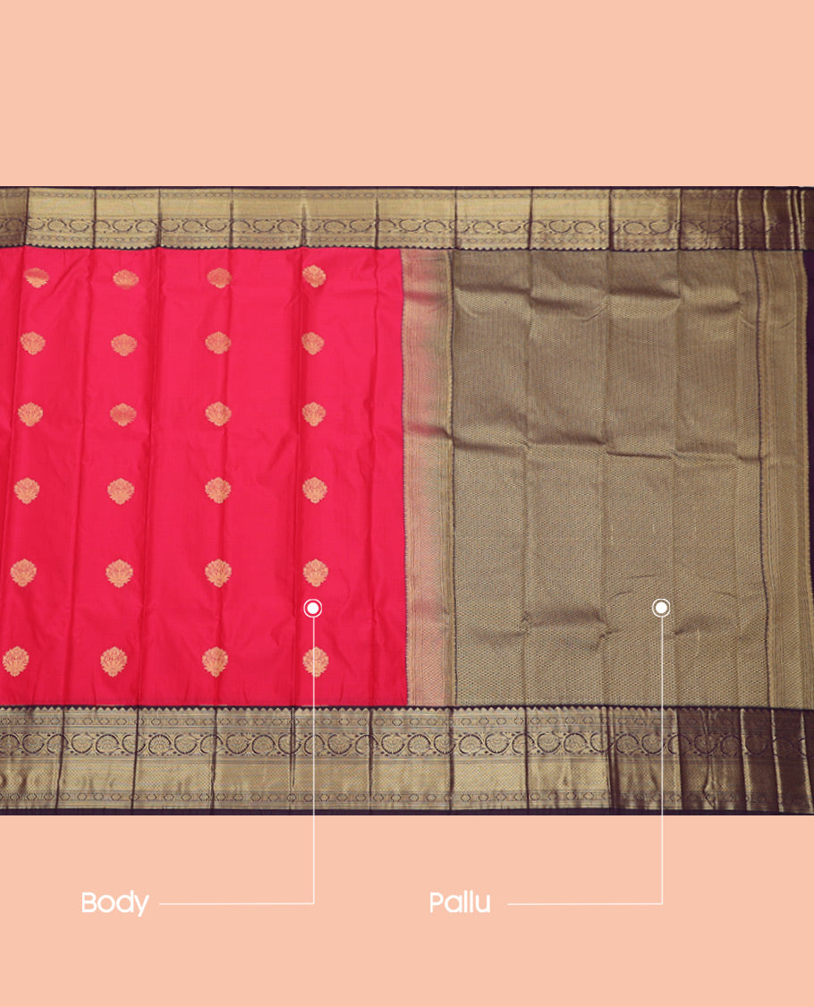 Red Budget Silk Saree, Graced with Zari Buttas, Complemented by Contrast Traditional Zari Border, Grand Pallu, and Contrast Blouse