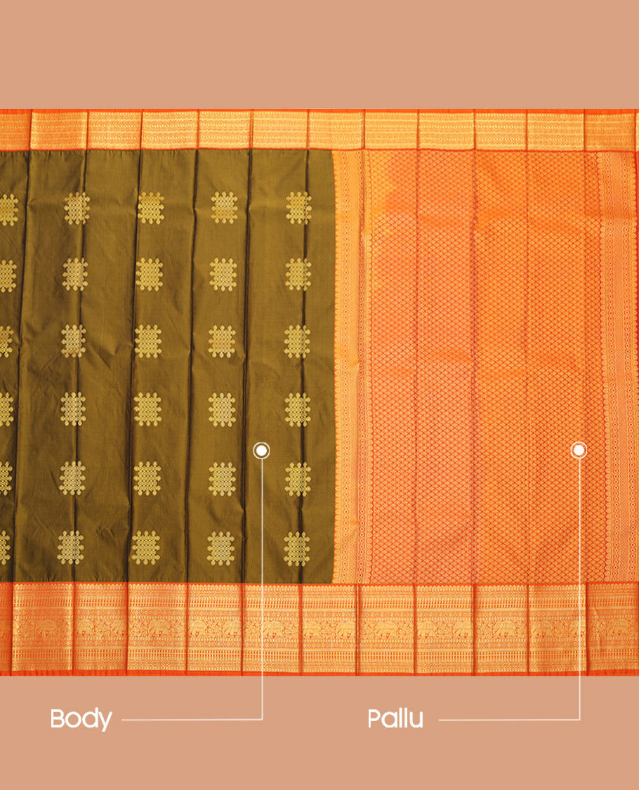 Green Budget Silk Saree Features Kolam Buttas, Complemented by a Contrast Traditional Zari Border, Grand Pallu, and a Contrast Blouse