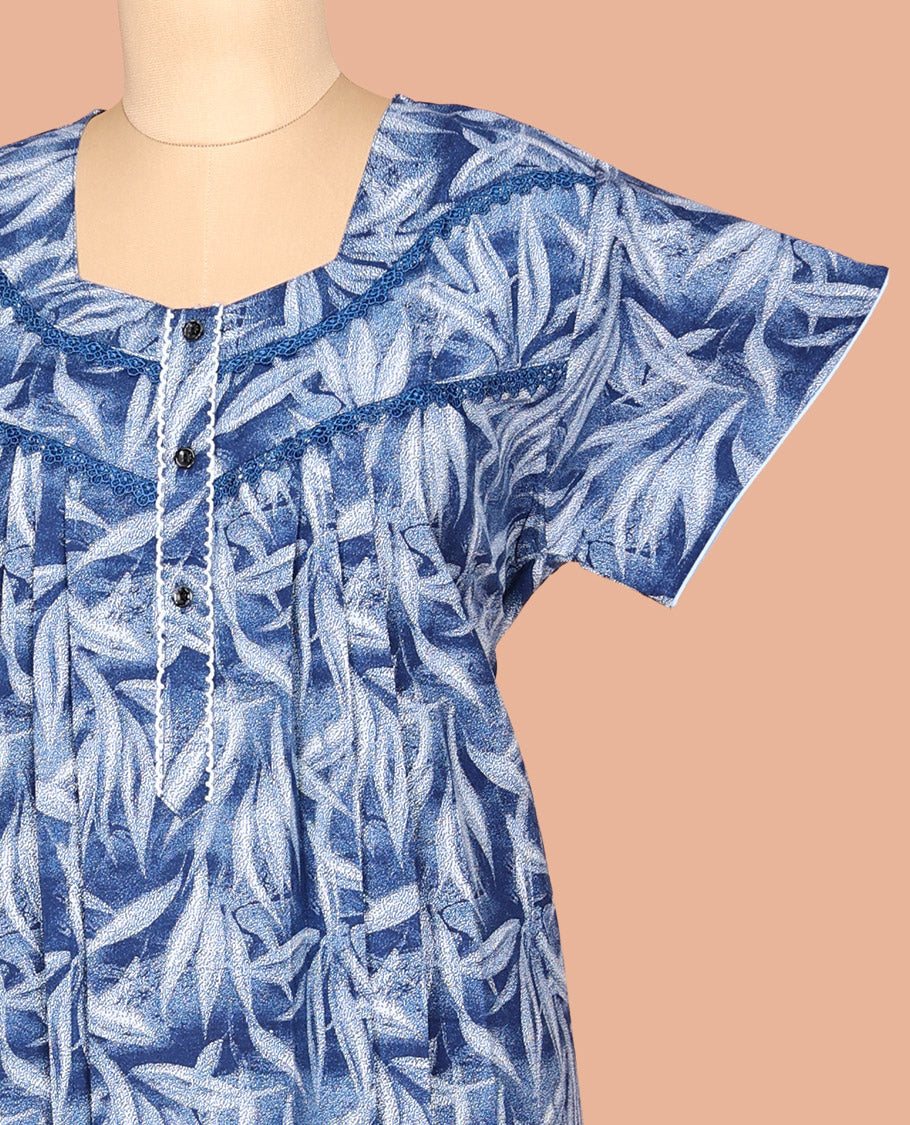 Blue Leaf Print Cotton-Blended Nighty