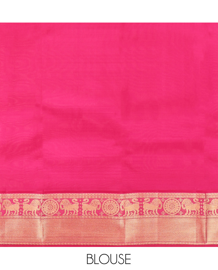 Pink Vasundhara Lite-Silk Mix Saree, Elevated with Malli Mokku Buttas, Contrast Border of Yaali, Chakram, and Mayil Kann Design, Grand Pallu, and a Contrast Blouse