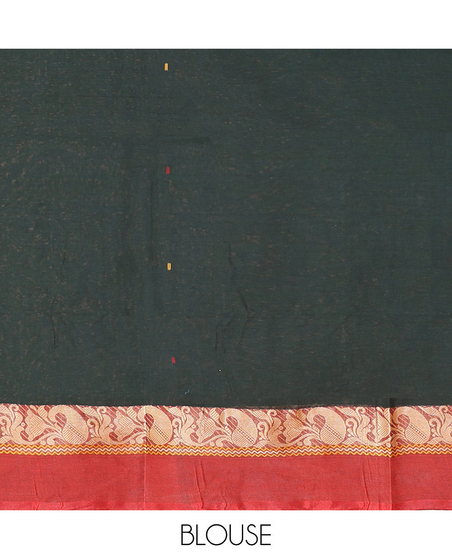 Deep Green Bengal Cotton Saree, Subtly Sparkled with Buttas, a Contrast Floral-Paisley Border, Pallu of Stripes and Buttas, and a Matching Blouse