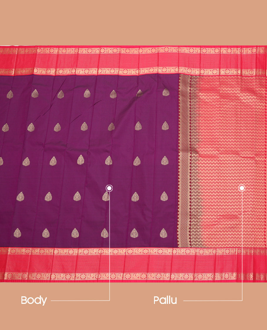 Purple Budget Silk Saree, Embellished with Zari Buttas, Complemented by a Contrast Traditional Zari Border, Paisley Design Pallu, and a Contrast Blouse