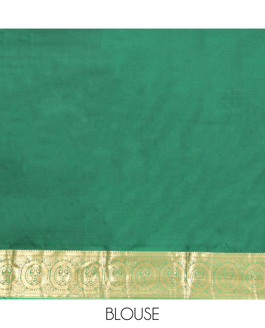 Red Budget Silk Saree, Adorned with Zari Buttas, Complemented by Contrast Traditional Zari Border, Grand Pallu, and Contrast Blouse