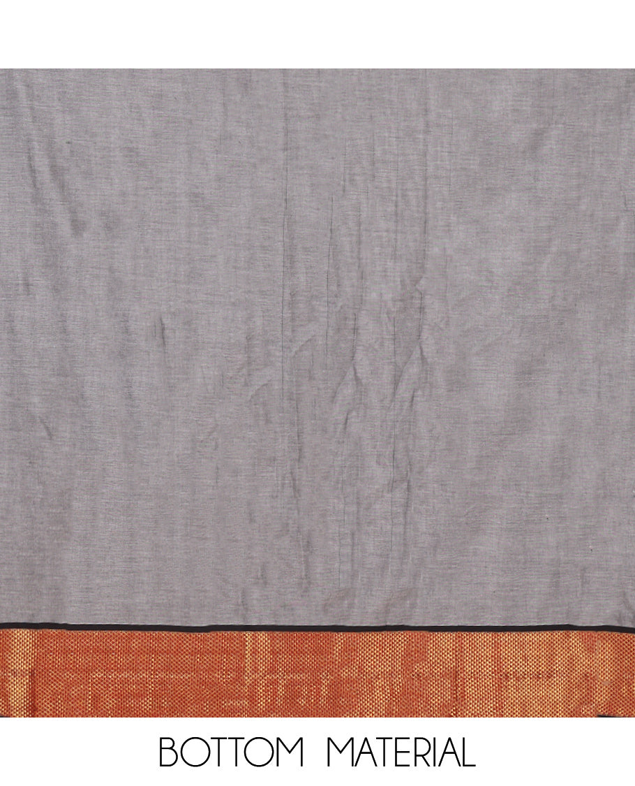 Grey Mercerised Cotton Material Churidar Set, Subtly Made with Plain and Traditional Ara Maadam Bordered Top, Comes with a Plain Mercerised Cotton Bottom, and Is Paired with a Mercerised Cotton Ara Maadam Woven Dupatta