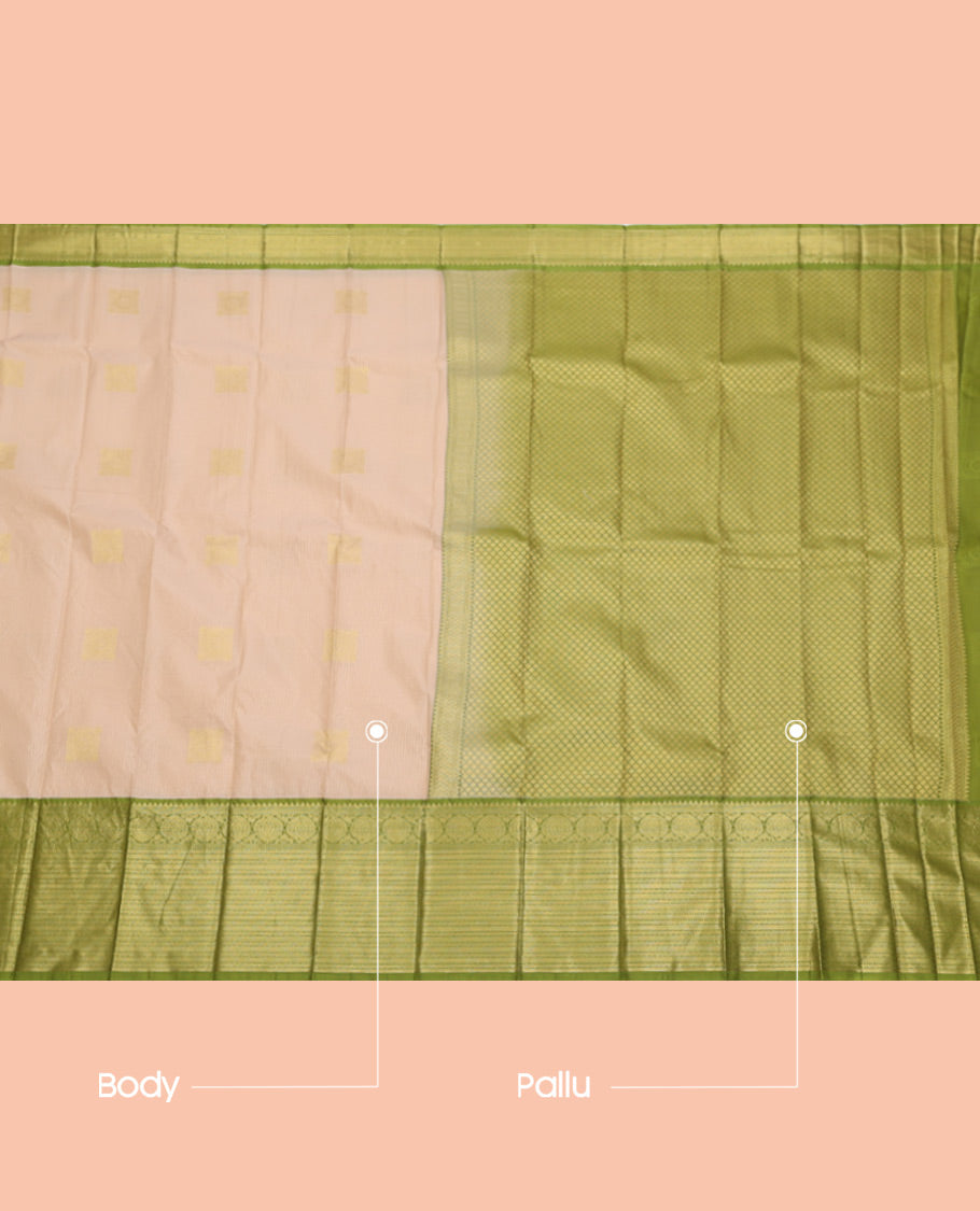 Beige Budget Silk Saree, Sparsely Threaded with Zari Buttas and Stripes, Complemented by a Contrast Traditional Zari Border, Jaal Pallu, and Contrast Blouse