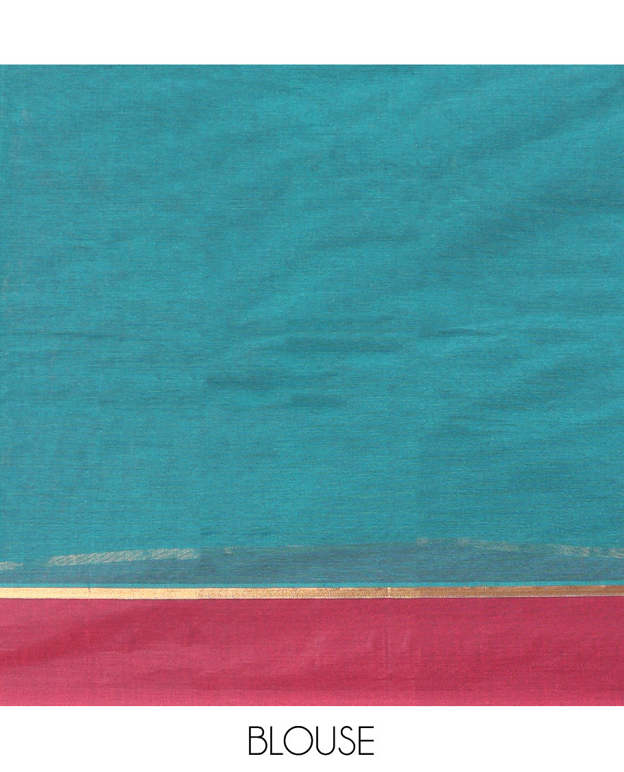 Blue Kanchi Cotton Saree, Accentuated with Buttas, Contrast Unique Motifs Woven Border, Pallu of Jaal Design, and a Matching Blouse