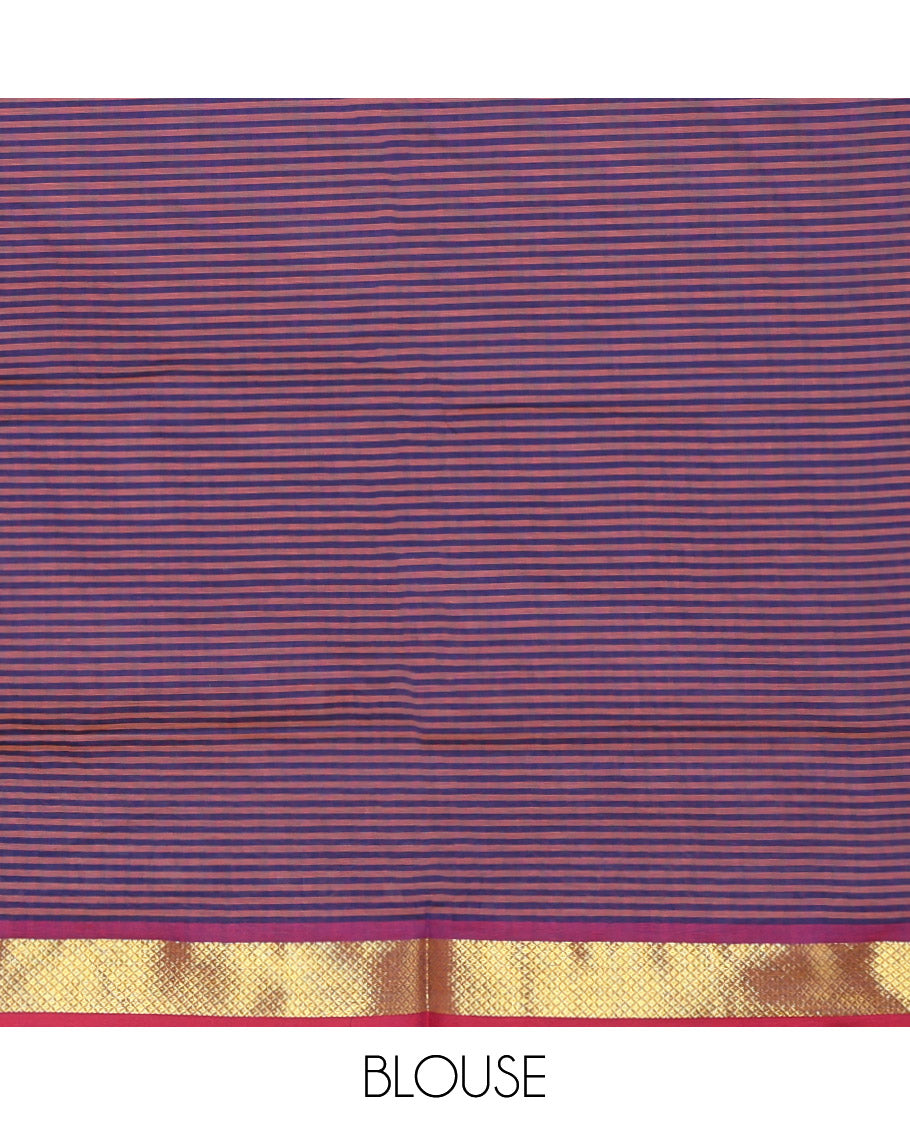 Pink Micro-Checked Poly Cotton Saree, Complemented by a Contrast Zari Border, Contrast Striped Pallu, and Paired with a Contrast Blouse