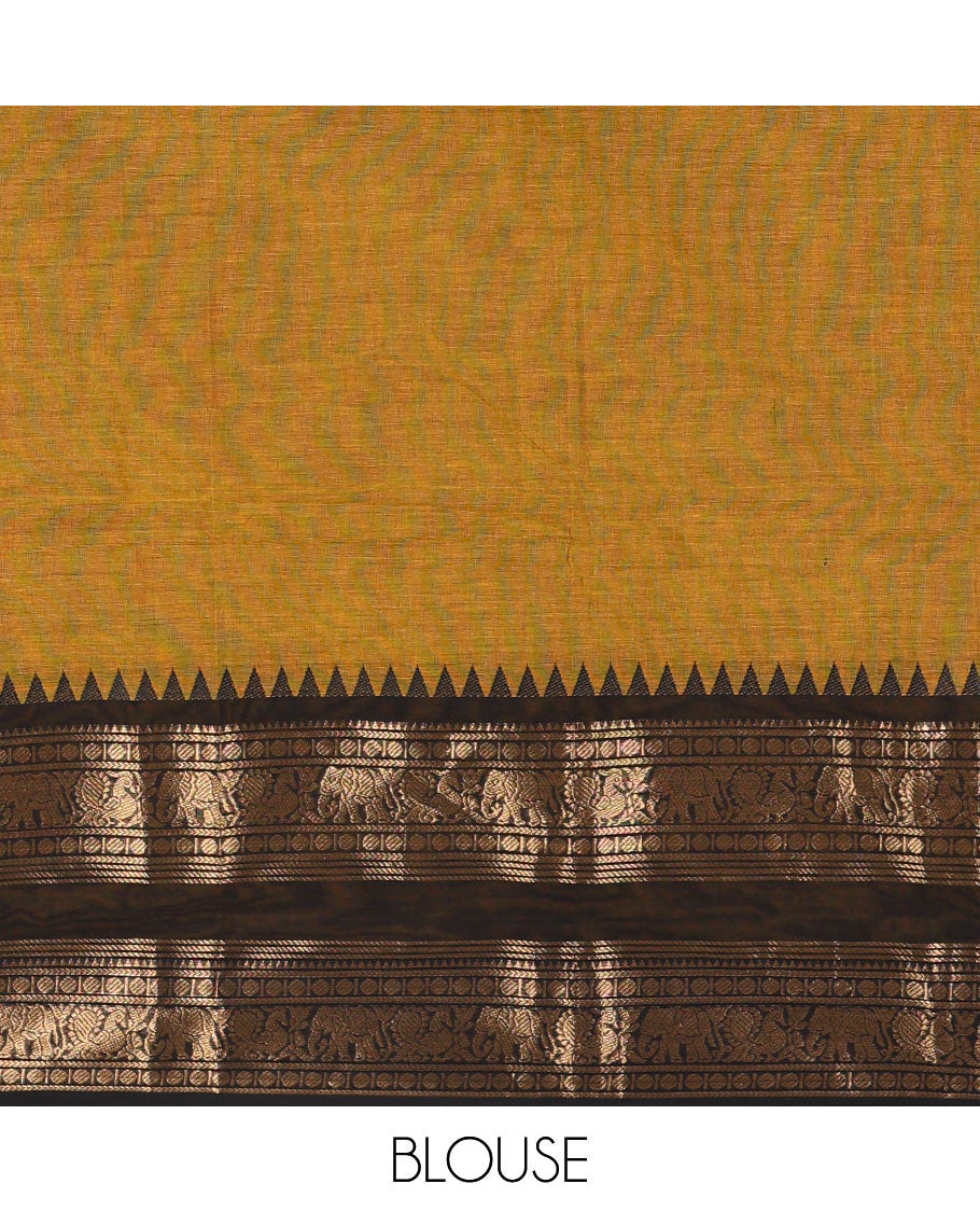 Gold plain chettinad cotton saree, contrast traditional zari temple rettai pettu border, striped pallu, and a matching blouse