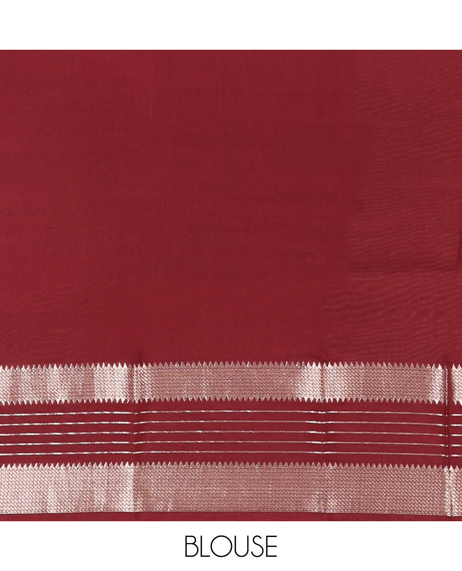 Peach Plain Assam Silk Saree, Complemented by Contrast Traditional Zari Border, Zari Woven Pallu, and Contrast Blouse