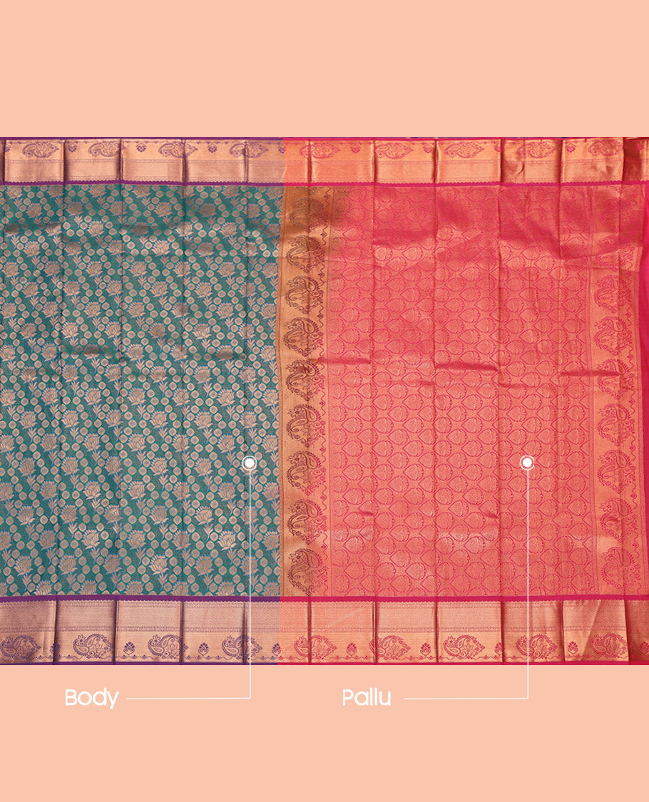 Blue Budget Silk Saree, Detailed with Jacquard, Complemented by Contrast Paisley Zari Border, Grand Pallu, and a Contrast Blouse