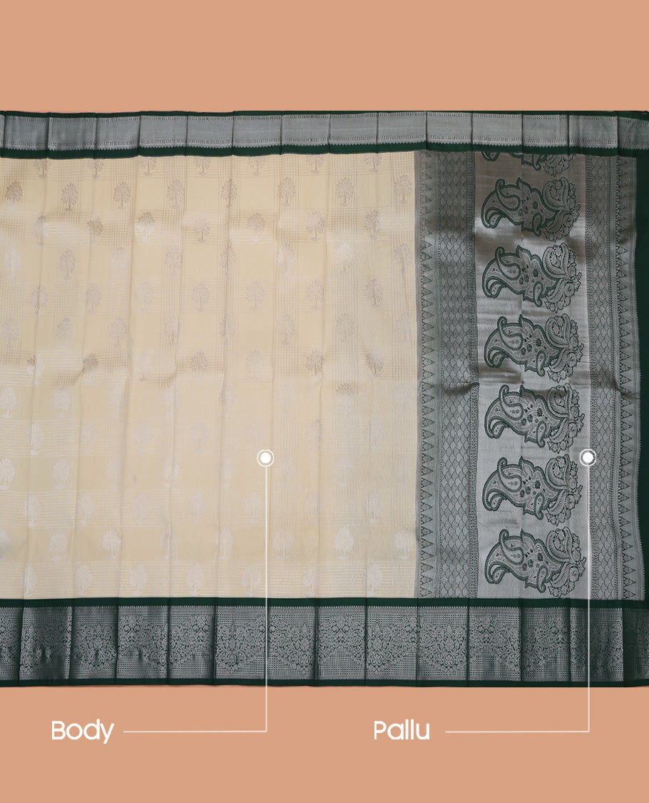Off-White Budget Silk Saree, Subtly Sparkled With Zari Butta Enclosed Checks On Its Body, Complemented by Contrast Traditional Zari Designs Woven Border Grand Pallu and Paired with a Contrast Blouse