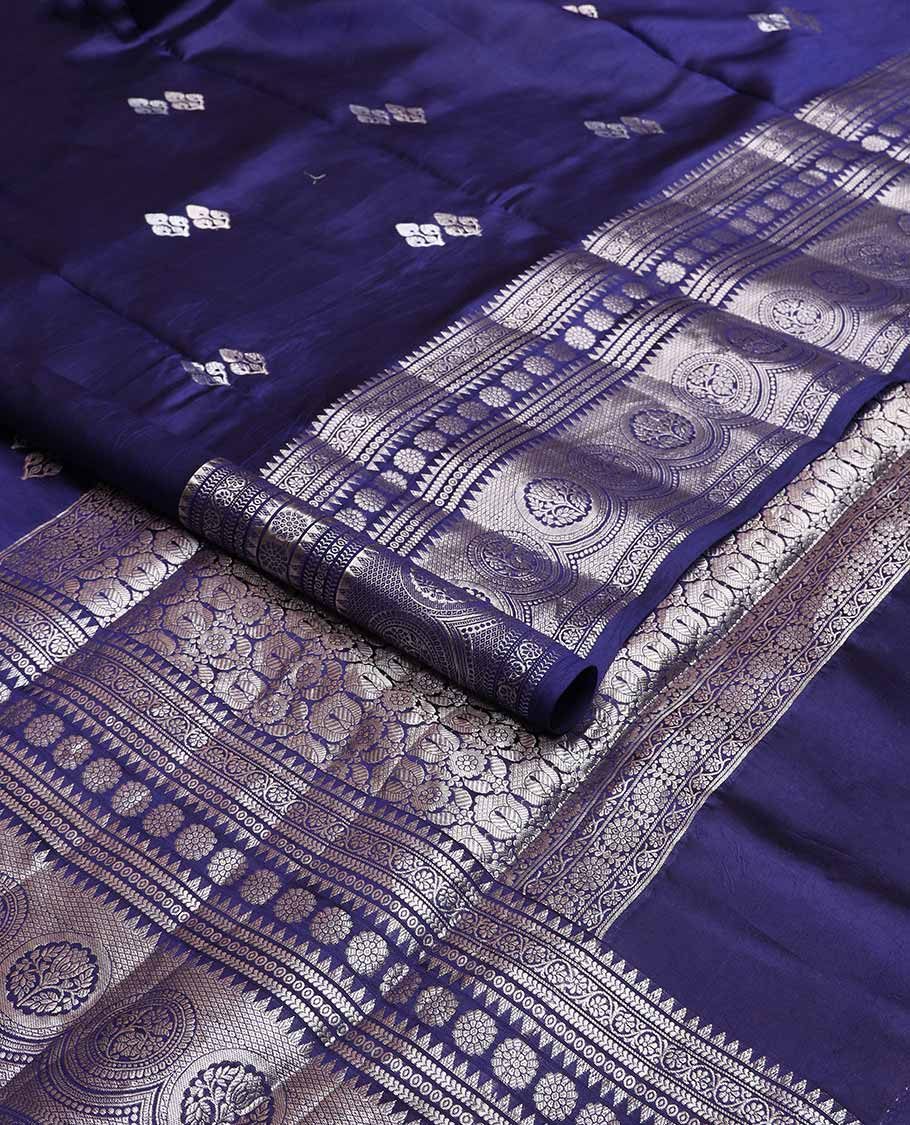 Dark blue floral motifs banaras dupion silk saree with self zari design border & floral jacquard pallu