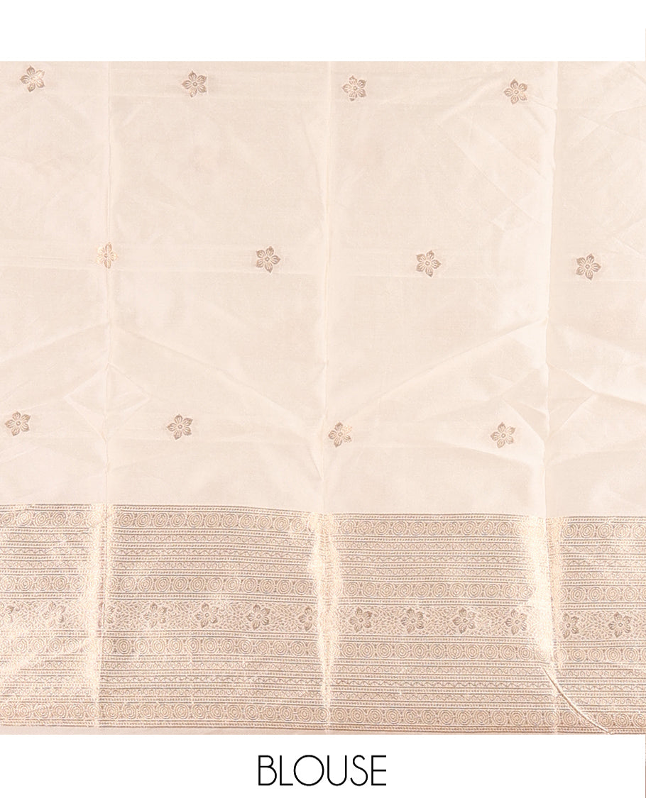 Cream Semi-Banarasi Half-Saree Featuring Zari Buttas Skirt, Traditional Zari Border, Matching Blouse, Zari Buttas Dhavani