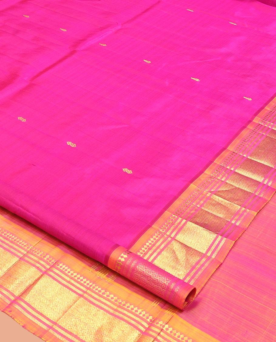 Rani Pink Kanchipuram Silk Saree Features Zari Buttas, a Contrast One-Sided Border of Paneer Sombu, Banaras, and Jaal Designs, Zari Design Pallu, and No Blouse