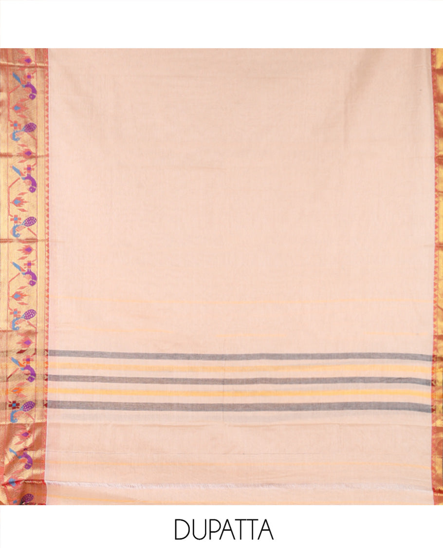 Cream Mercerised Cotton Material Chudidar Set, Entralled with Paithani Bordered Top, a Mercerised Cotton Bottom, and Paired with a Matching Mercerised Cotton Paithani Bordered Dupatta
