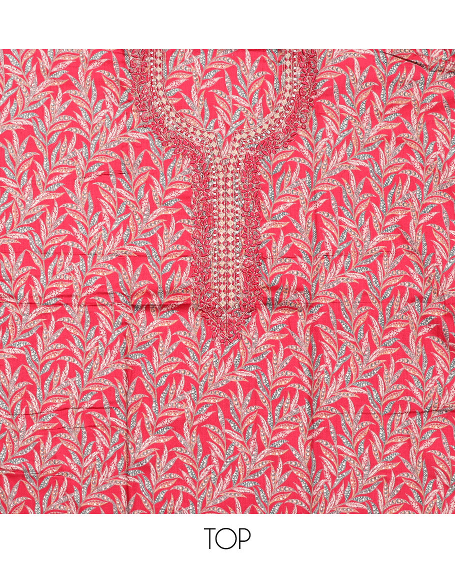 Pink Cotton Material Chudidar Set, Beautified with Leaf Motifs Print, and Embroidery on Its Cotton Top, a Plain Cotton Bottom, and Paired with Sequins Striped Dupatta