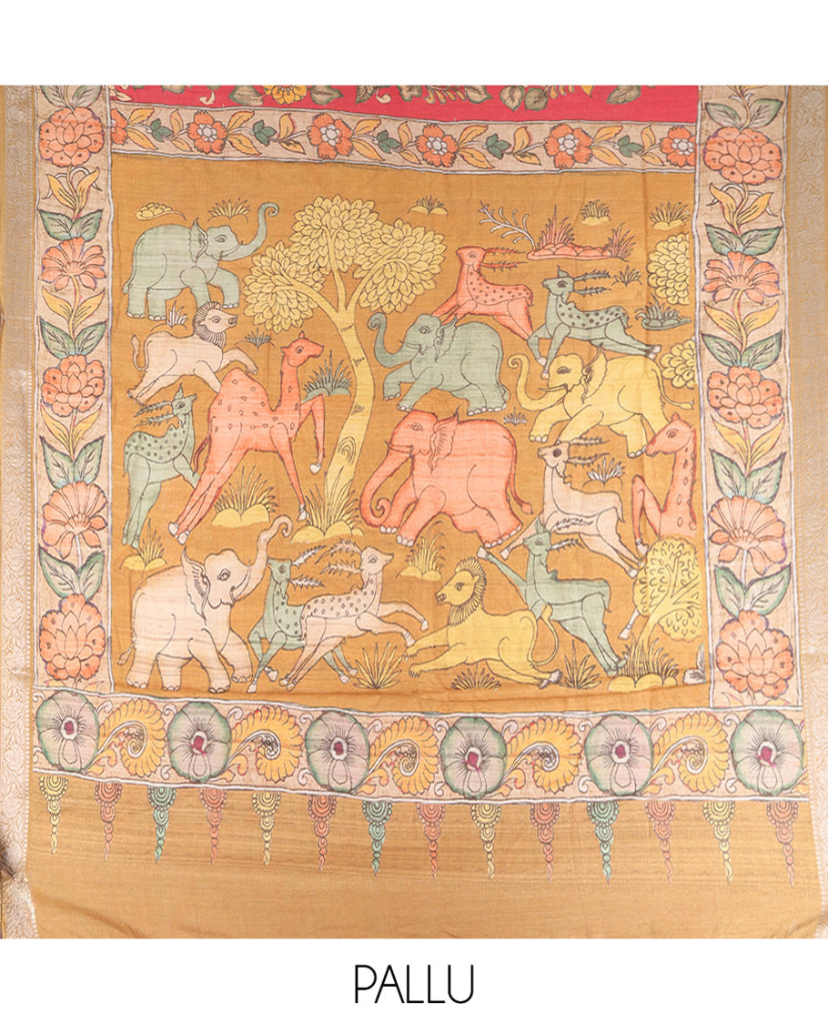 Red Kalamkari Printed Fancy Tussar Saree