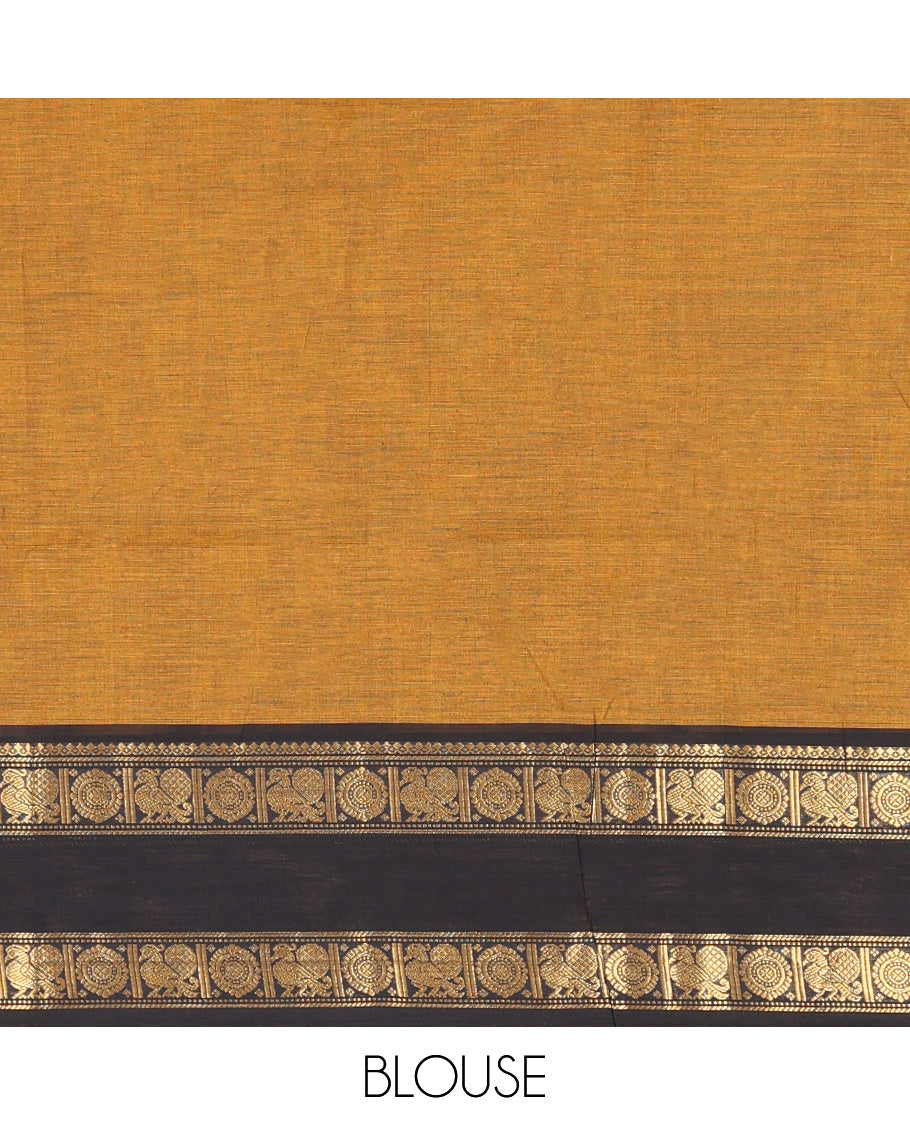 Mustard Plain Chettinad Cotton Saree, Contrast Rettai Pettu Peacock-Chakram Border, Striped Pallu, and a Matching Blouse