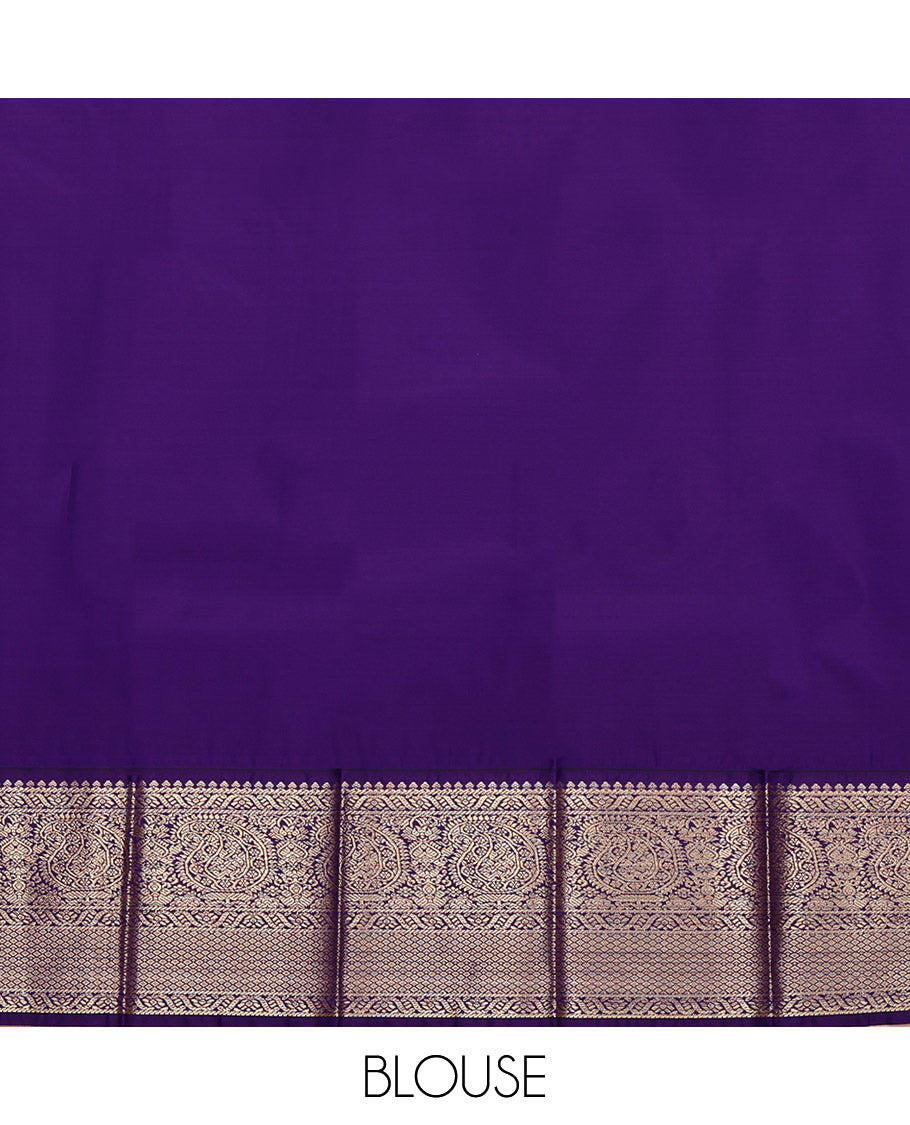 Red Budget Silk Saree, Graced with Zari Buttas on Its Body, Complemented by a Contrast Traditional Zari Border of Paisleys, Jaal Pallu, and Paired with a Contrast Blouse
