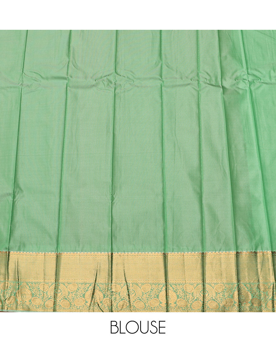 Red Budget Silk Saree, Highlighted by Zari Buttas and Stripes, Complemented by a Contrast Traditional Zari Border, Intricate Pallu, and a Contrast Blouse