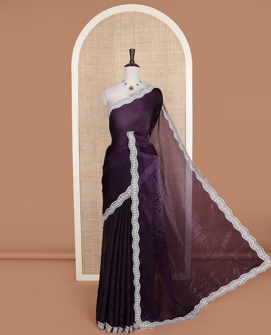 Purple plain designer saree, scallop intricately embroidered border