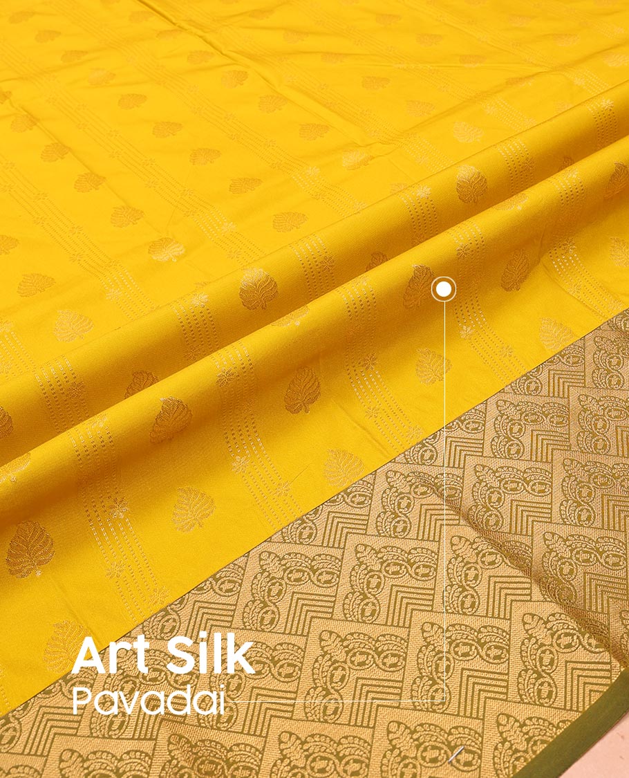Yellow Art Silk Pavadai Material Set Sparsely Woven with Buttas and Stripes on Its Skirt, Complemented by a Contrast Jaal Zari Design Border, and Paired with a Contrast Blouse