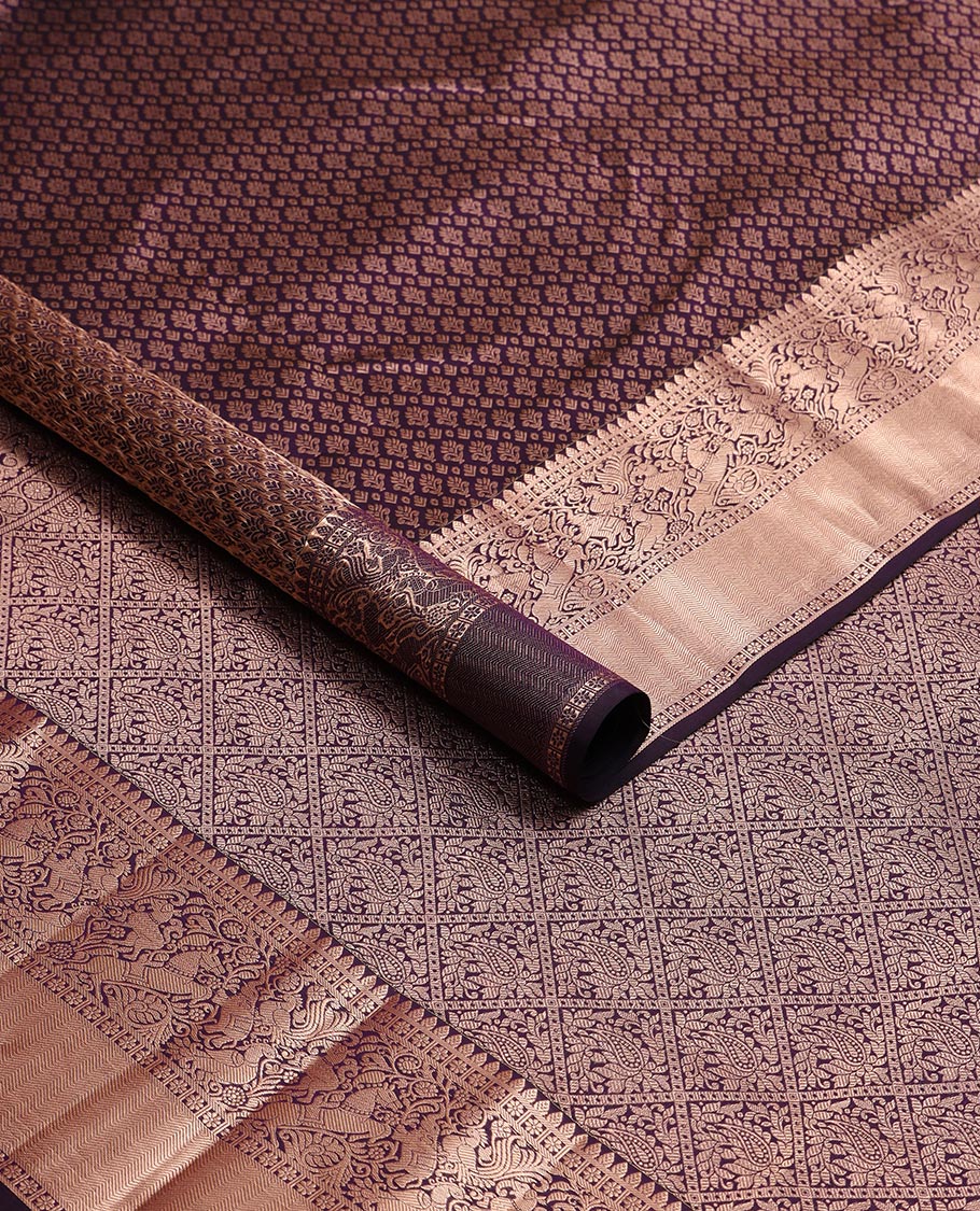 Violet floral jaal design kancheepuram silk saree with self floral design border & jaal design pallu