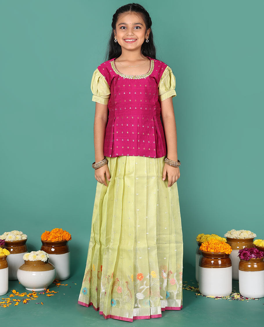 Green readymade art silk pavadai, zari buttas & floral vine border skirt & contrast zari buttas round neck puff-sleeve blouse