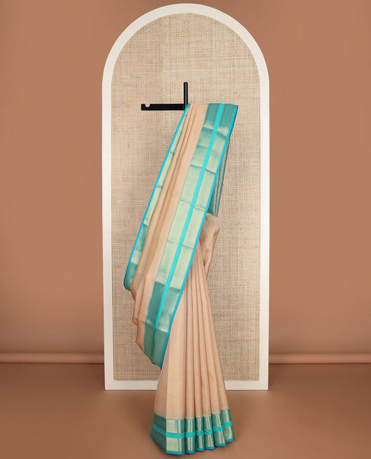 Sandal striped vasundhara silk mix saree, contrast jaal pallu & border of muthu,banaras, ara maadam & ara bogudi