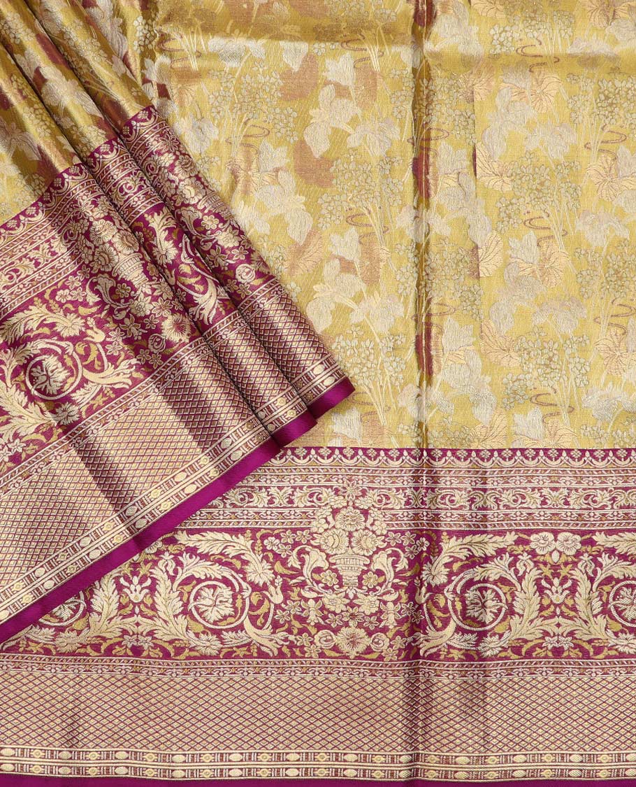 Green pure silk half saree, floral jacquard skirt, contrast jacquard blouse and Mughal style border, and intricate dhavani