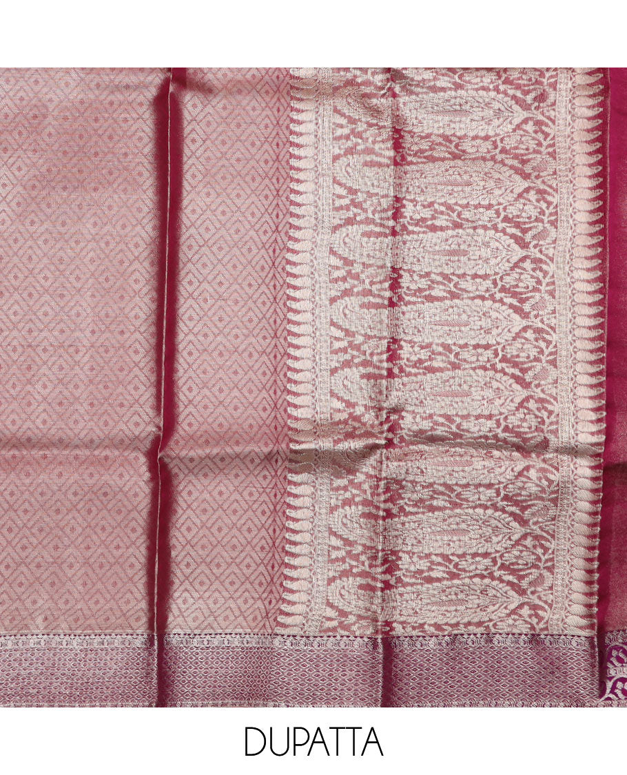 Green pure silk half saree, floral jacquard skirt, contrast jacquard blouse and Mughal style border, and intricate dhavani