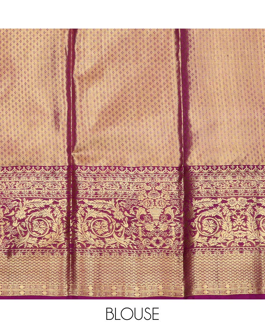 Green pure silk half saree, floral jacquard skirt, contrast jacquard blouse and Mughal style border, and intricate dhavani