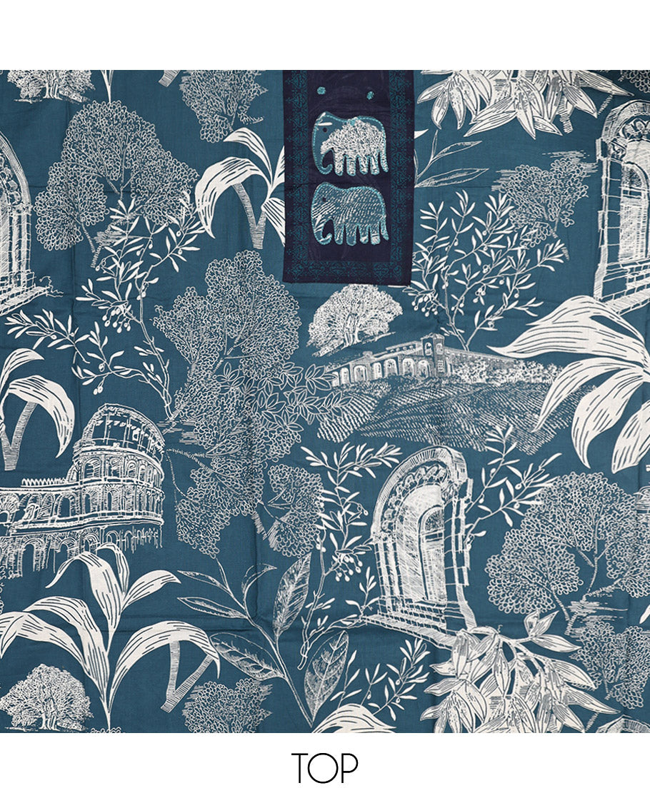 Blue Material Chudidar Set, Adorned with Tropical Floral and Building Print and Neck Embroidery on Cotton Top, a Contrast Plain Cotton Bottom, and Paired with a Geometric Printed Matching Cotton Dupatta