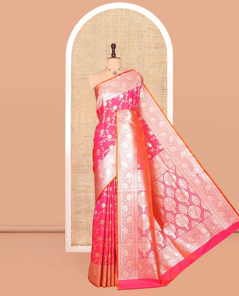 Rani Pink Banarasi Nylon Saree, Masterfully Woven with Jacquard, a Floral Creeper Zari Border, Intricate Pallu, and a Matching Blouse