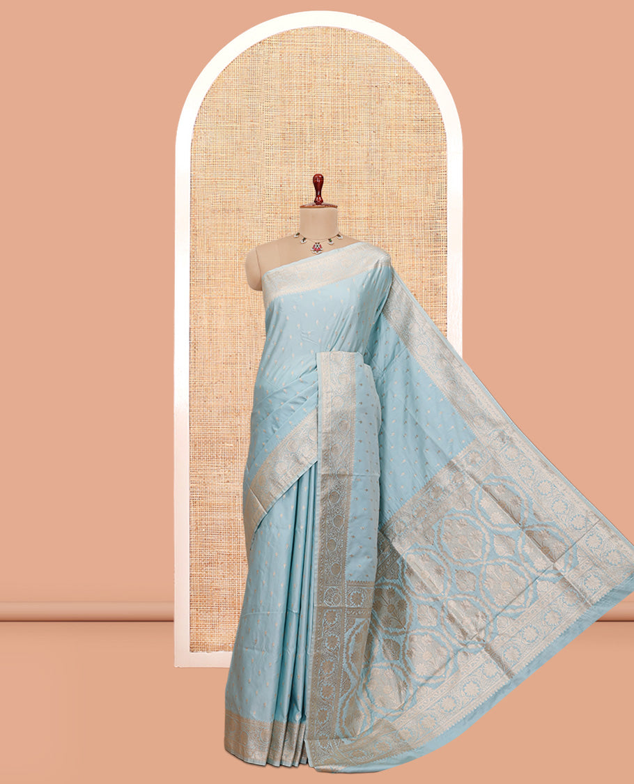Pale Blue Semi-Banaras Satin Silk Saree