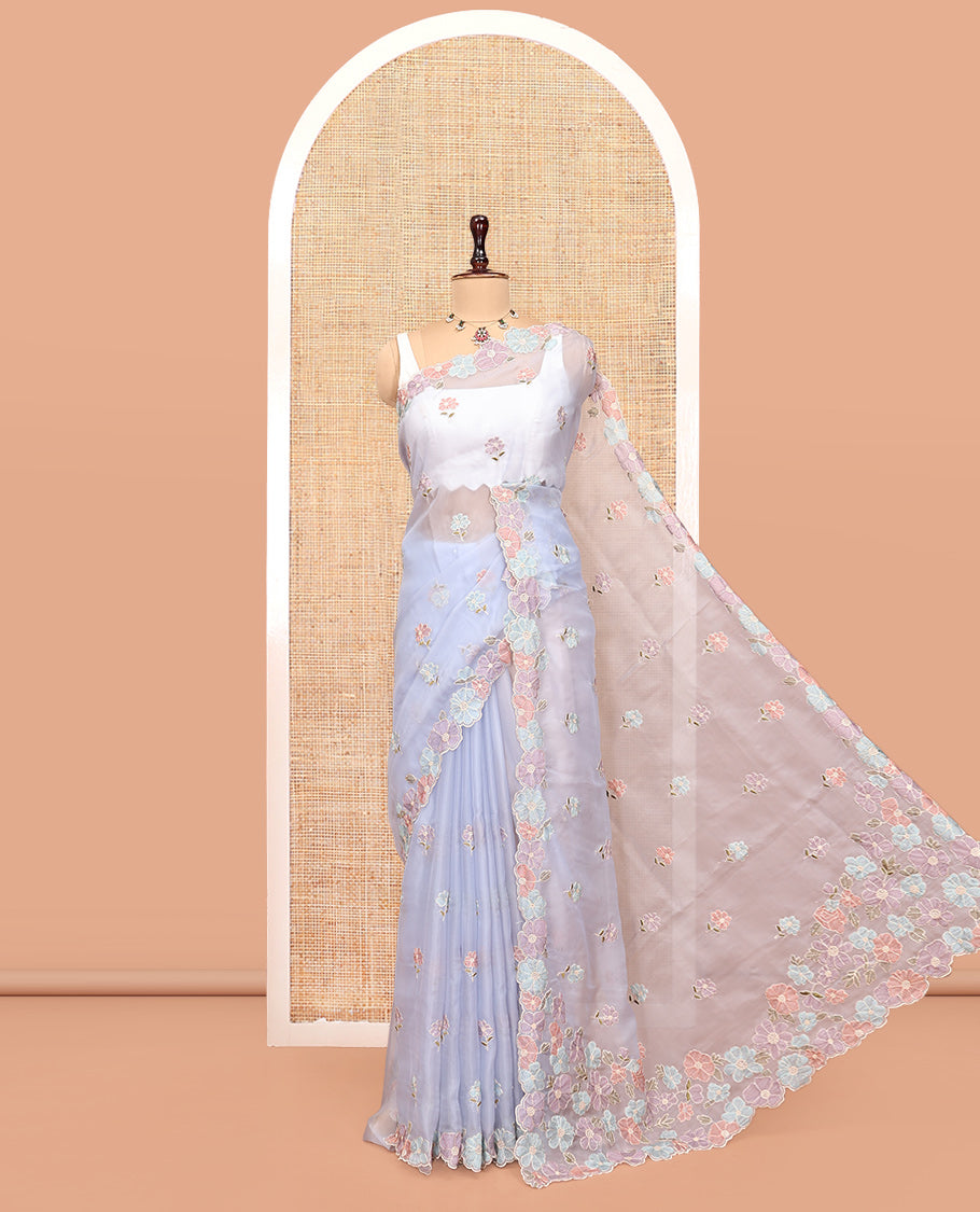 Lavender Organza Saree, Woven with Floral Embroidery, a Scalloped Floral Embroidery Border, and a Matching Blouse