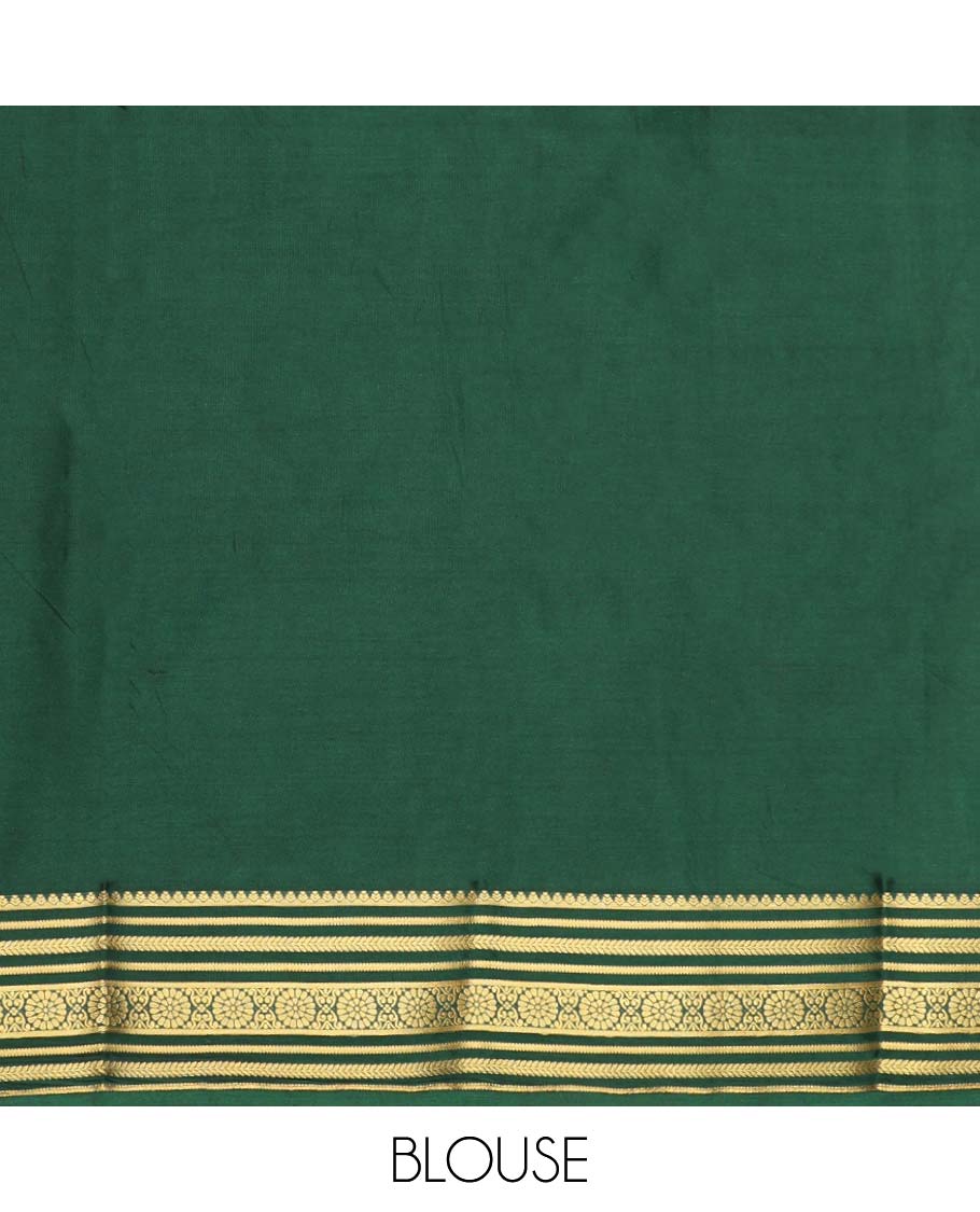 Green pichwai-style floral vine printed semi-banaras printed saree, contrast traditional design border & stripes of pallu