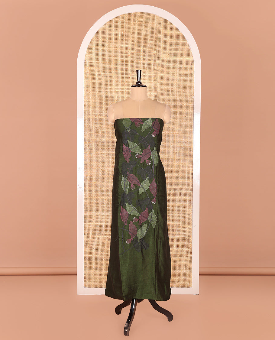 Green Vichitra Silk Designer Material Chudidar Set, Beautiful Bedecked with Floral Cross-Stiched Embroidered Top, A Subtly Plain Santoon Bottom, and Paired with a Georgette Abstract Printed Dupatta