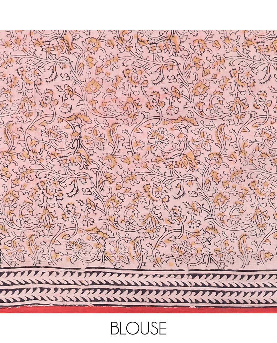 Red floral design machine-printed kalamkari cotton saree with contrast geometric design border & floral design pallu