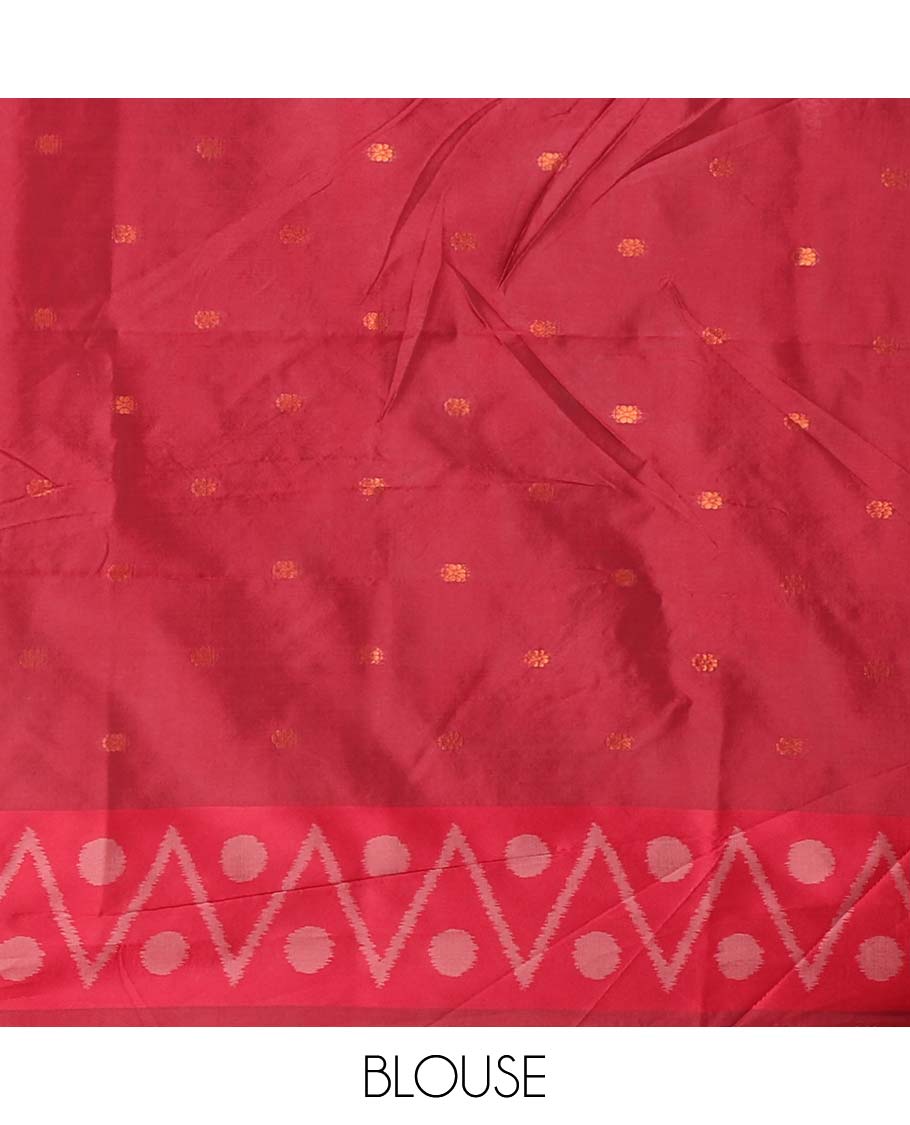 Pink unique motifs thread weave pochampally ikat mulberry silk saree, contrast chevron & polka dot border and zari-rich intricate pallu