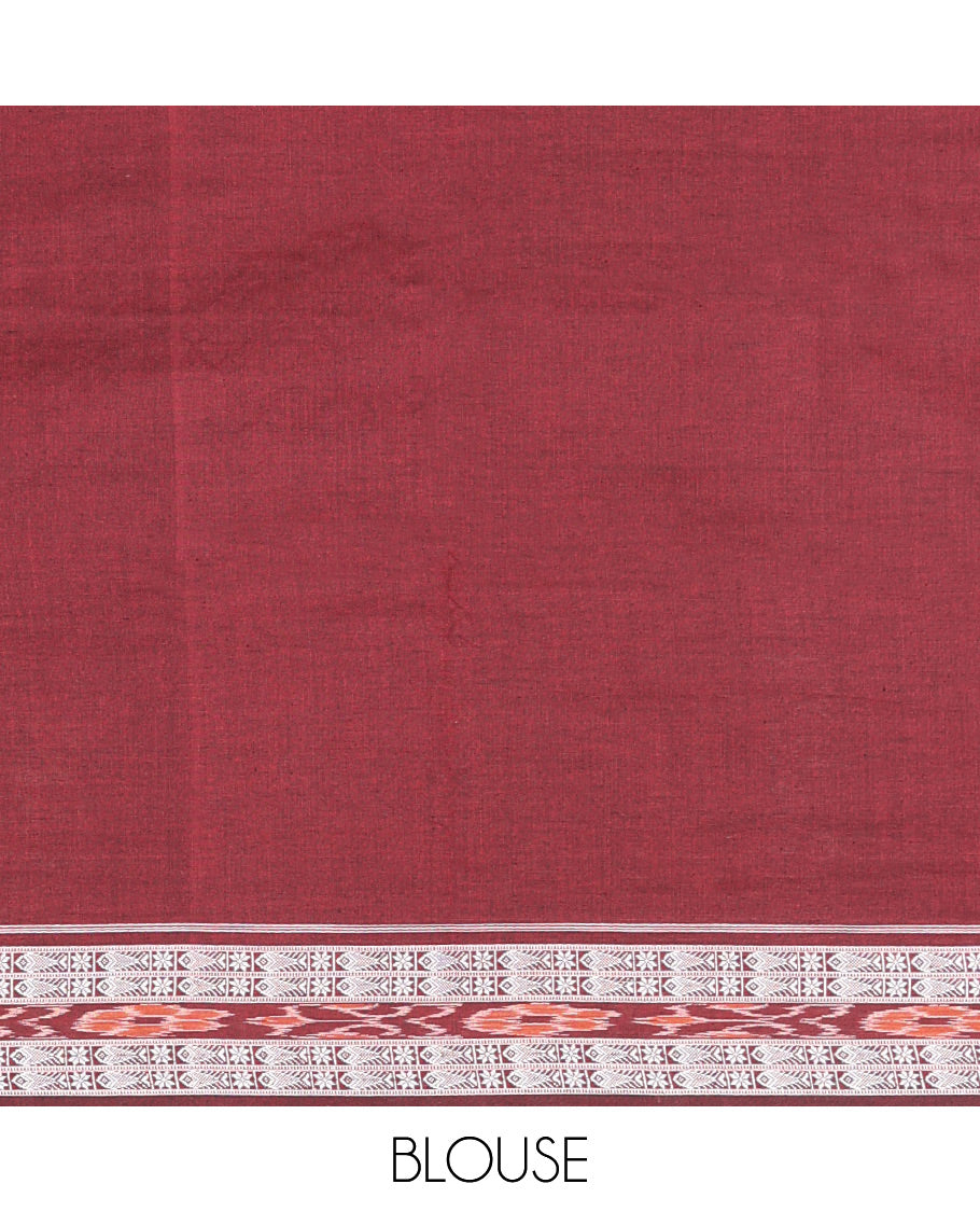 Dark Green Odisha Cotton Saree, Delicately Woven with Buttas and Checks All Over the Body, Complemented by a Contrast Temple Border of Geometric and Animal Motifs in Hazily Weaves, Pallu Depicts Hazily Patterns, and Has No Blouse