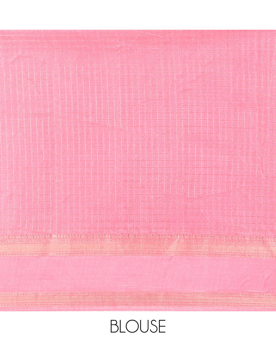 Yellow and Pink Moss Chiffon Saree, Decked up with Zari Micro-Checked Design on Its Body, Complemented by Zari Traditional Design Rettai Pettu Border, Pallu Features Tree and Bird Designs, and Paired with a Contrast Blouse