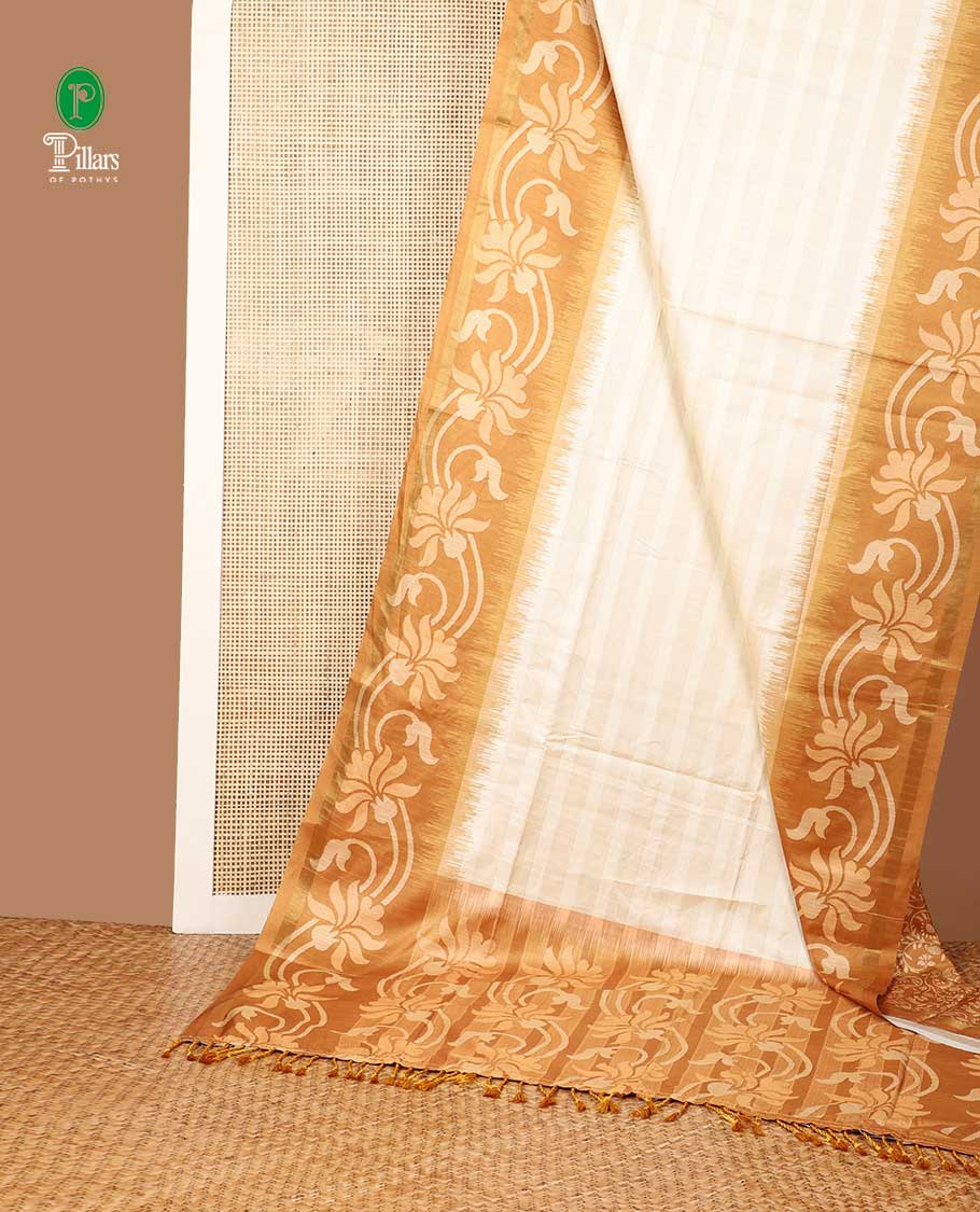 Cream with Mustard cross striped kathan silk saree with floral digital printed border & floral printed pallu along with printed blouse