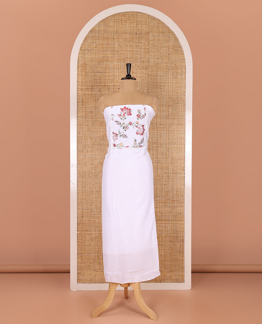 White-red material chudidar set, floral vine printed with orginal mirror work Vichitra silk top, a matching bottom, and a floral vine printed georgette dupatta