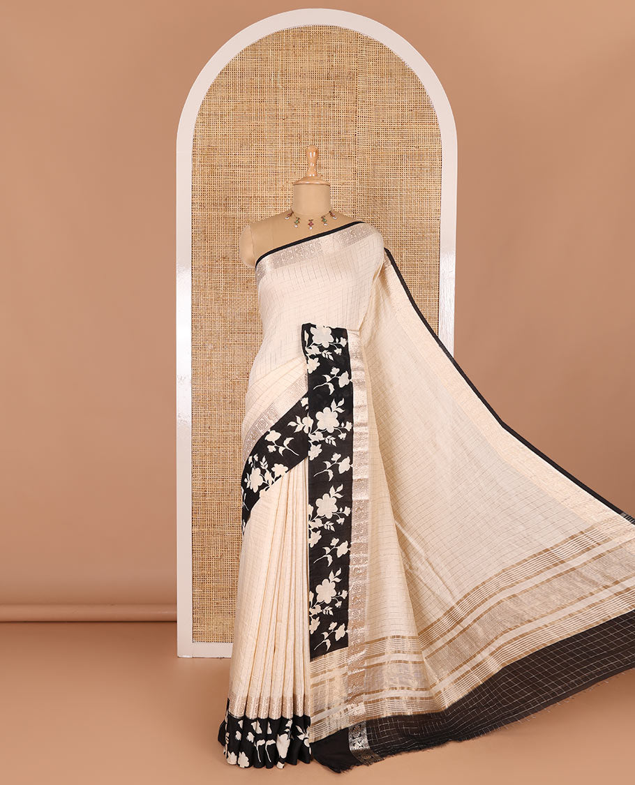 Cream gold zari checked Assam cotton saree, contrast zari border of floral vine print, zari striped pallu, and a matching blouse