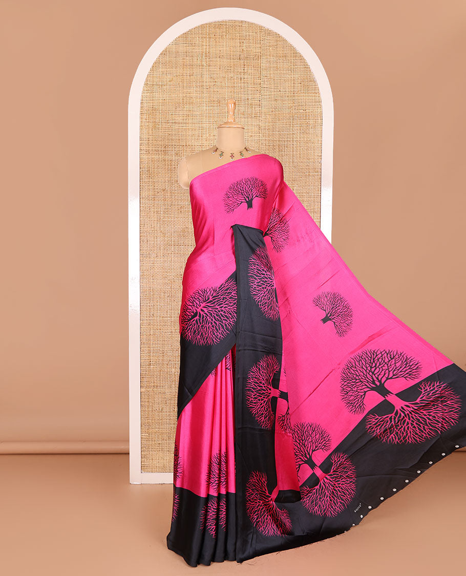 Rani pink tree motifs digitally printed Gajji silk saree with contrast printed border of upside down tree motifs, and contrast printed blouse