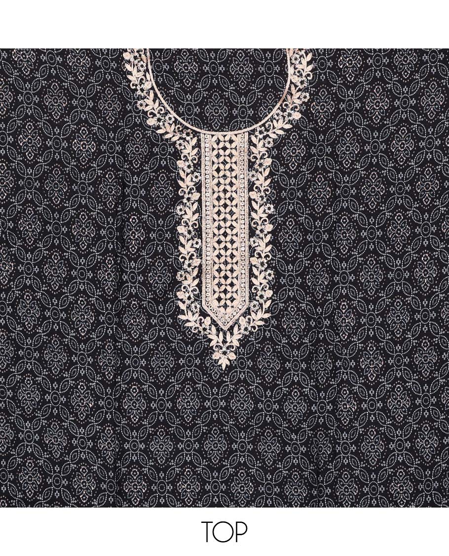 Black floral printed chudidhar material set floral thread embroidered with sequins top, plain bottom & sequins embroidered dupatta