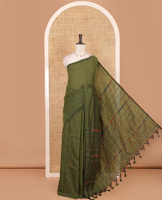 Borderless Olive green vertical multi-color thread striped khadi jute linen saree, striped pallu & matching plain blouse