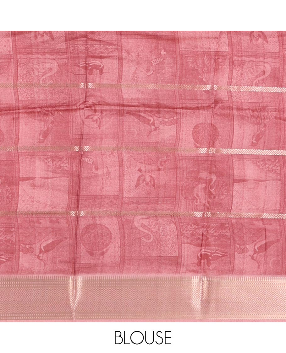 Onion pink horizontal zari striped with bird motifs printed soft tusser saree, traditional zari border & geometric printed pallu
