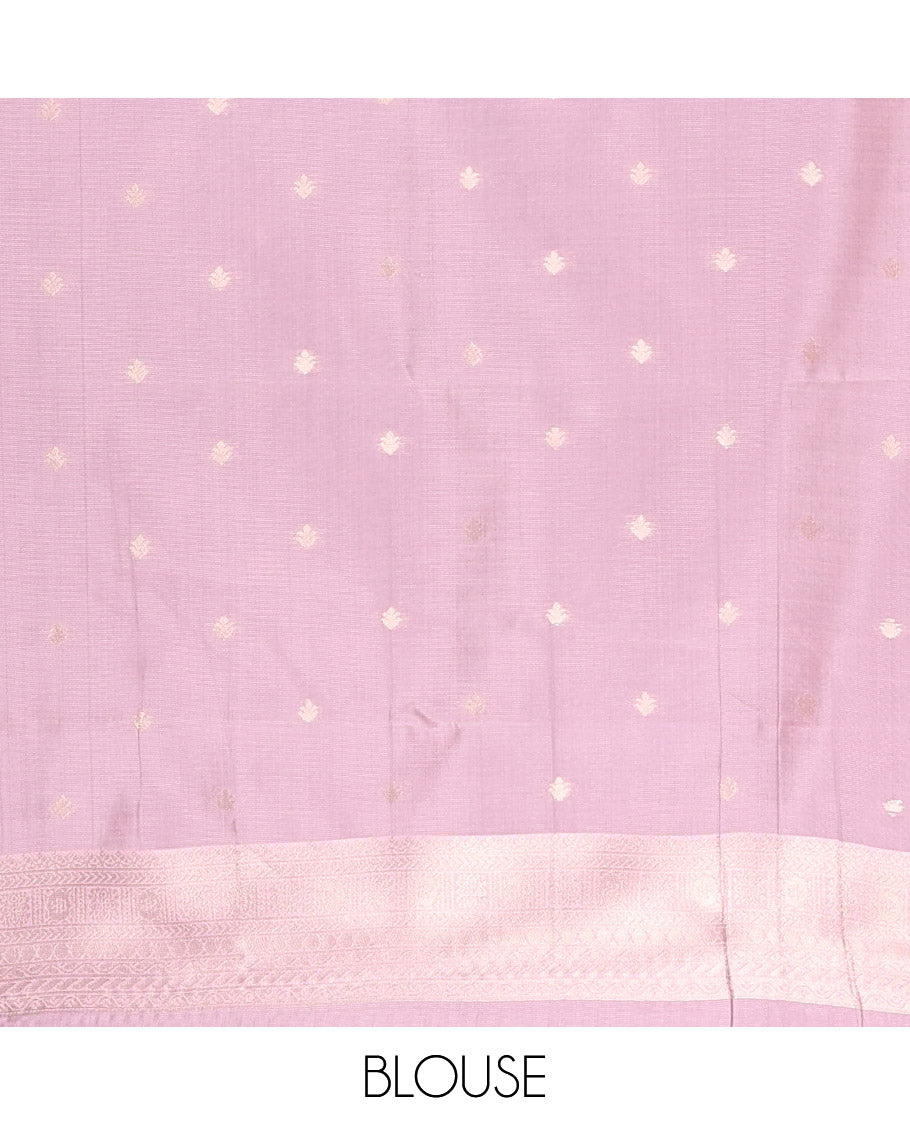 Rani Pink Kanchi Silk Saree, Gleamed Up with Floral-Leaf Jacquard Design on Its Body, Complemented by a Contrast Traditional Zari Design Border, Intricately Designed Pallu, and Paired with a Contrast Blouse